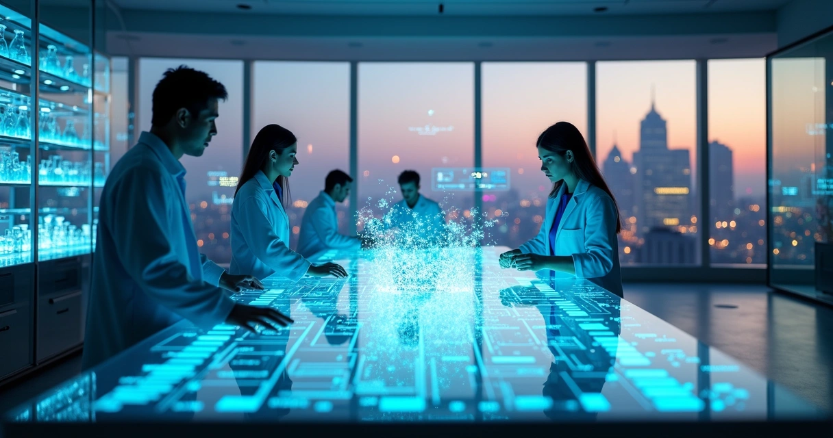 Equipe de marketing em laboratório de dados tecnológicos analisando leads B2B