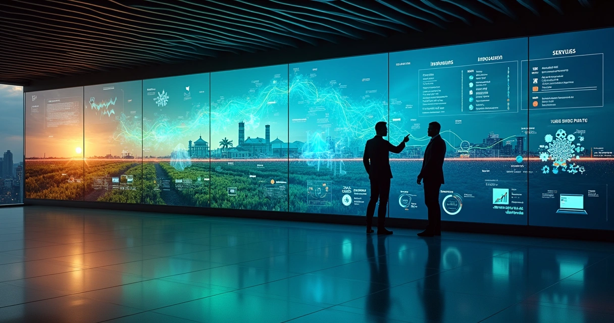 Linha do tempo com setores diferentes conectados por dados e gráficos de vendas