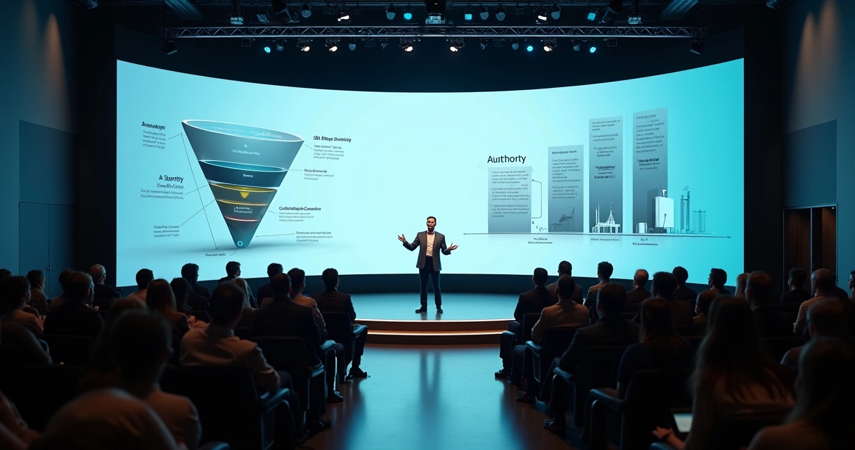 Executivo apresentando conteúdo de autoridade em palestra corporativa B2B