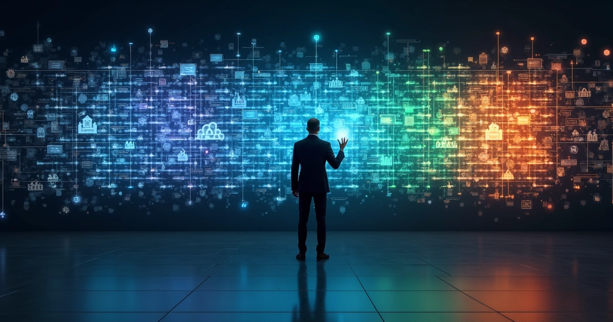 Mosaico digital com ícones de contatos organizados em segmentos distintos