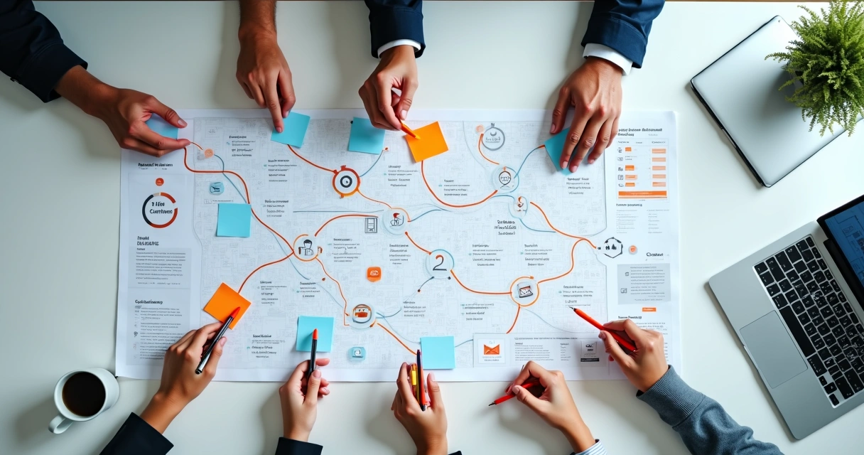 Mapa branco com destinos conectados por ícones representando etapas de prospecção em vendas B2B