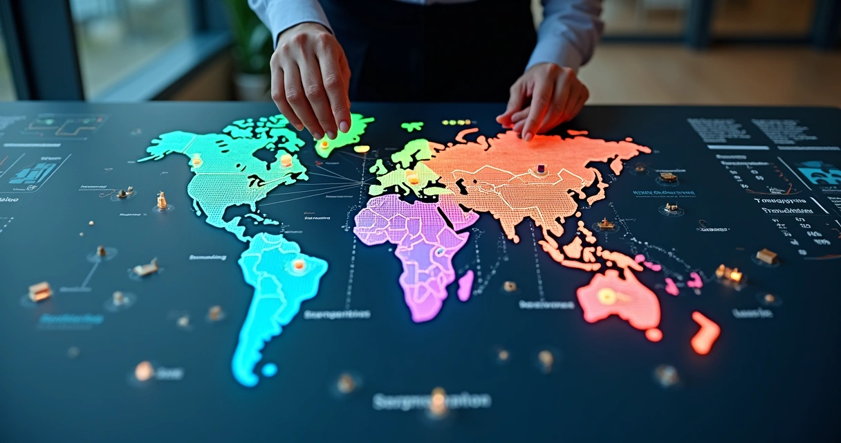 Mapa conceitual mostrando regiões de mercado B2B em cores diferentes com ícones de empresas