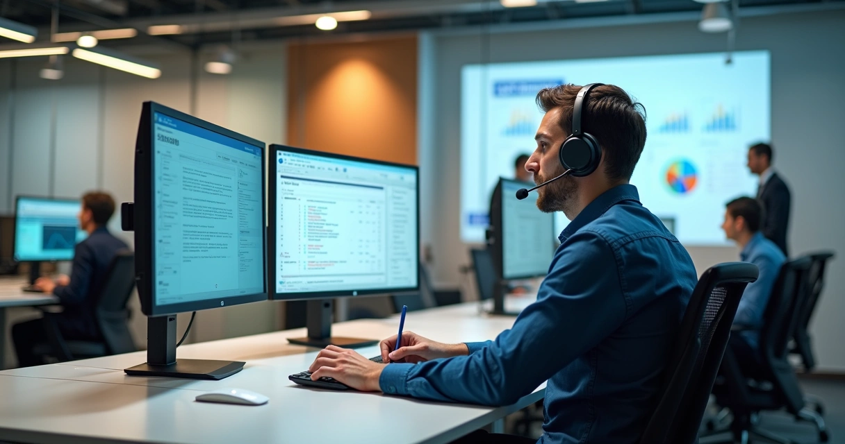 Equipe de televendas ativo usando CRM em estação de trabalho moderna