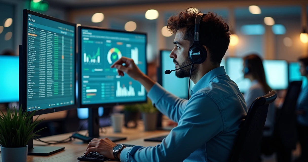 Atendente de call center apontando para contato certo em grande lista de clientes na tela