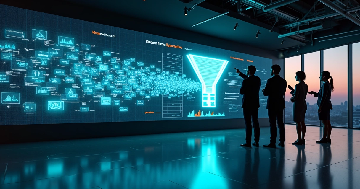 Painel digital com dados de empresas se conectando a um funil de vendas B2B