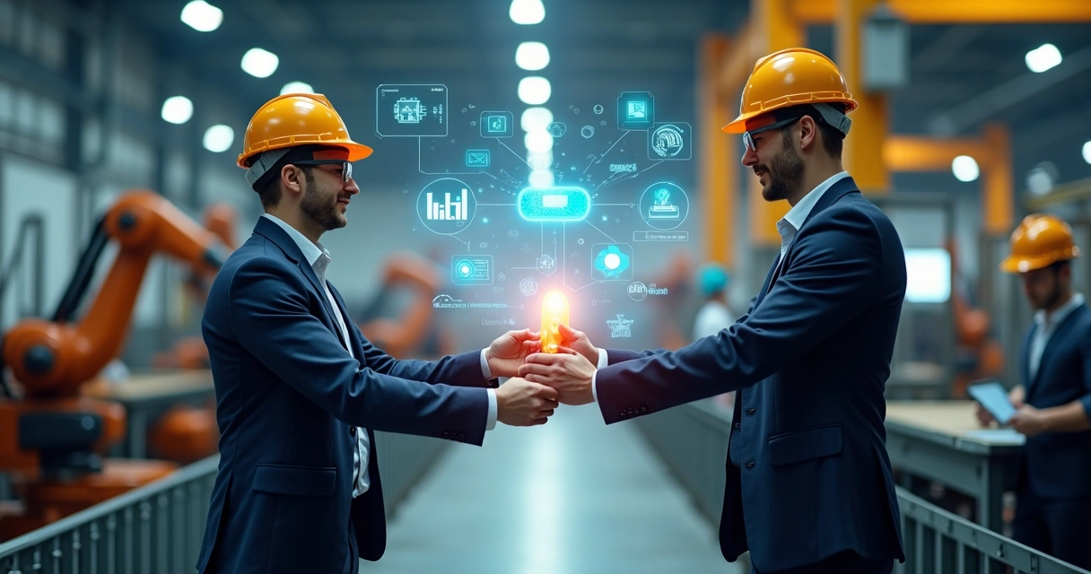 Representação da passagem de bastão entre SDR e vendas em ambiente industrial moderno