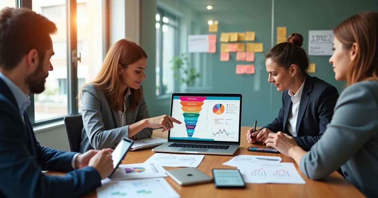 Equipe de pequena empresa reunida em torno de mesa com laptop exibindo funil de vendas digital