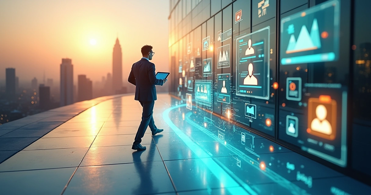 Executivo atravessando ponte de leads comuns para leads qualificados em cenário corporativo