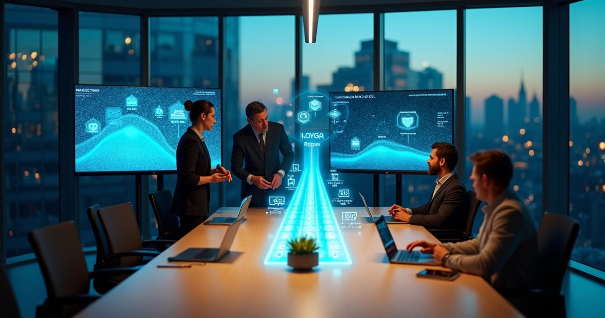 Equipe em sala de reunião conectando dados de MQL a SQL em telas grandes