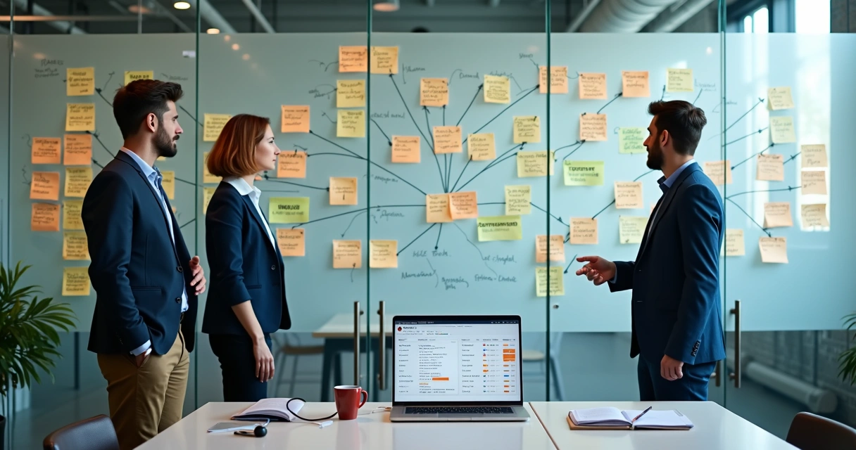 Equipe de vendas SaaS analisando mapa de contas em parede com fluxos de contato B2B