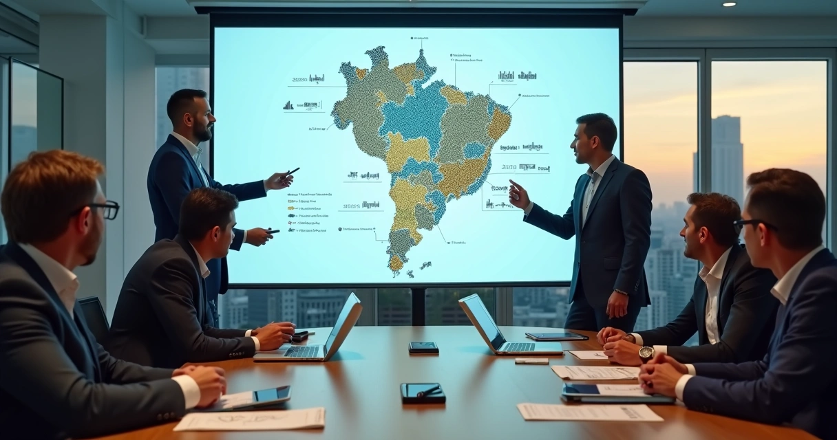Equipe de vendas B2B em reunião estratégica com mapa do Brasil projetado na parede