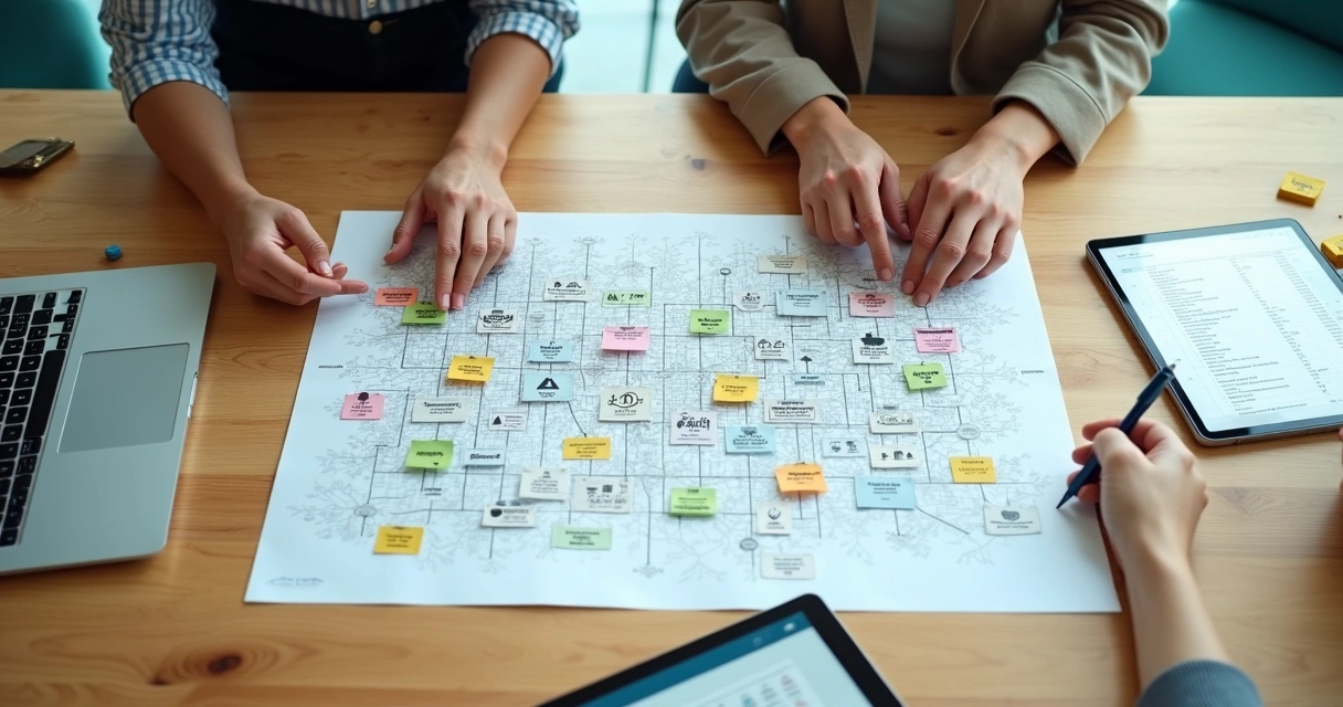 Mapa estratégico de contatos B2B organizado sobre mesa de trabalho