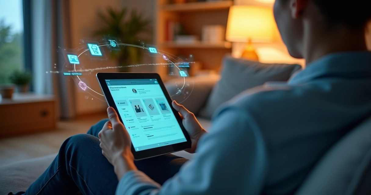 Consumidor sentado em sofá segurando tablet cercado por ícones de dados e ofertas digitais