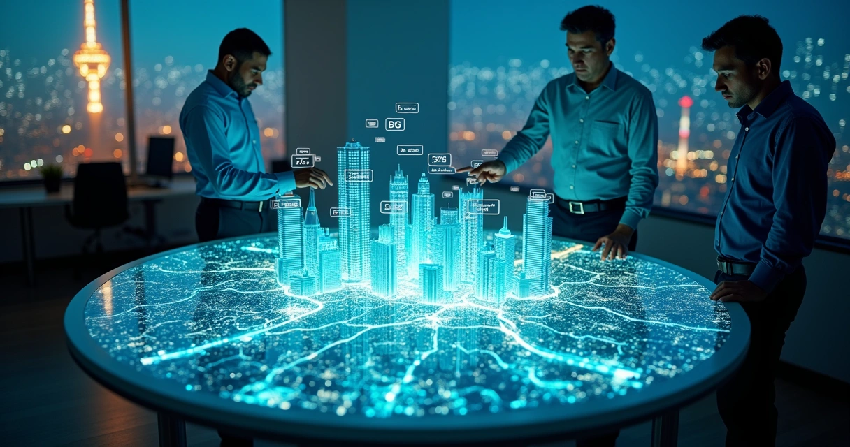 Equipe de telecom em sala de guerra analisando mapa digital de leads qualificados