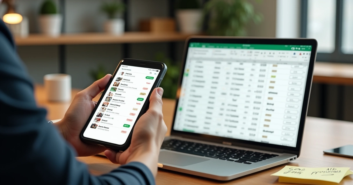 Profissional de marketing segurando smartphone com múltiplos chats de WhatsApp ao lado de laptop com planilha de contatos