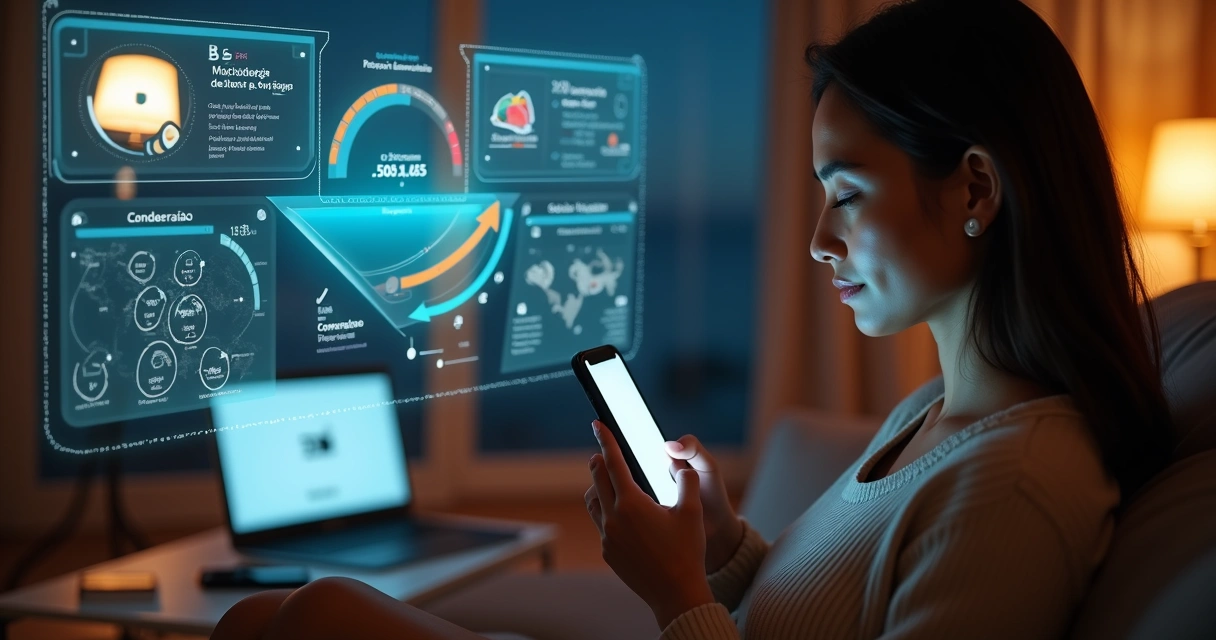 Consumidora olhando para tela de celular com ofertas personalizadas ao lado de painel com dados e funil de vendas