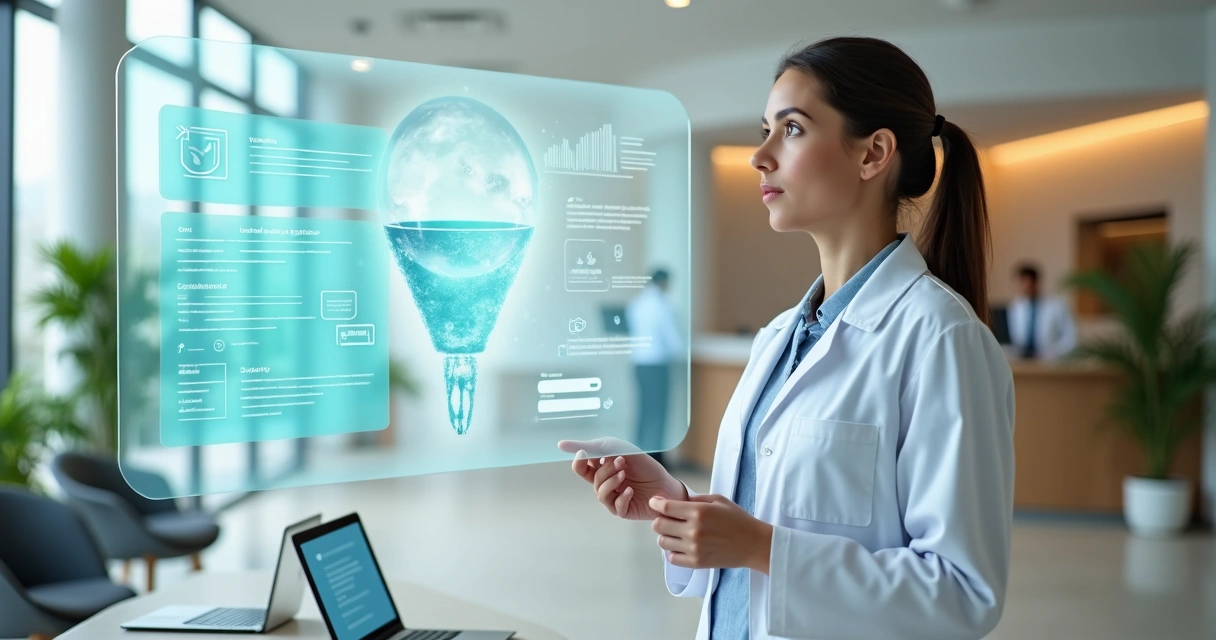 Médica analisando painel digital com jornada de pacientes em clínica moderna