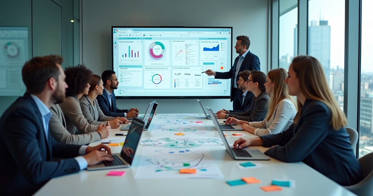 Equipe em mesa colaborativa discutindo estratégia de vendas SaaS com painel digital ao fundo