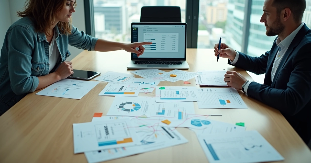 Profesional analisando mapa de conexões B2B em grande mesa com materiais de contato organizados