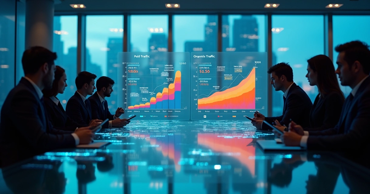 Painel de controle de marketing exibindo comparação entre tráfego pago e orgânico em cenário B2B