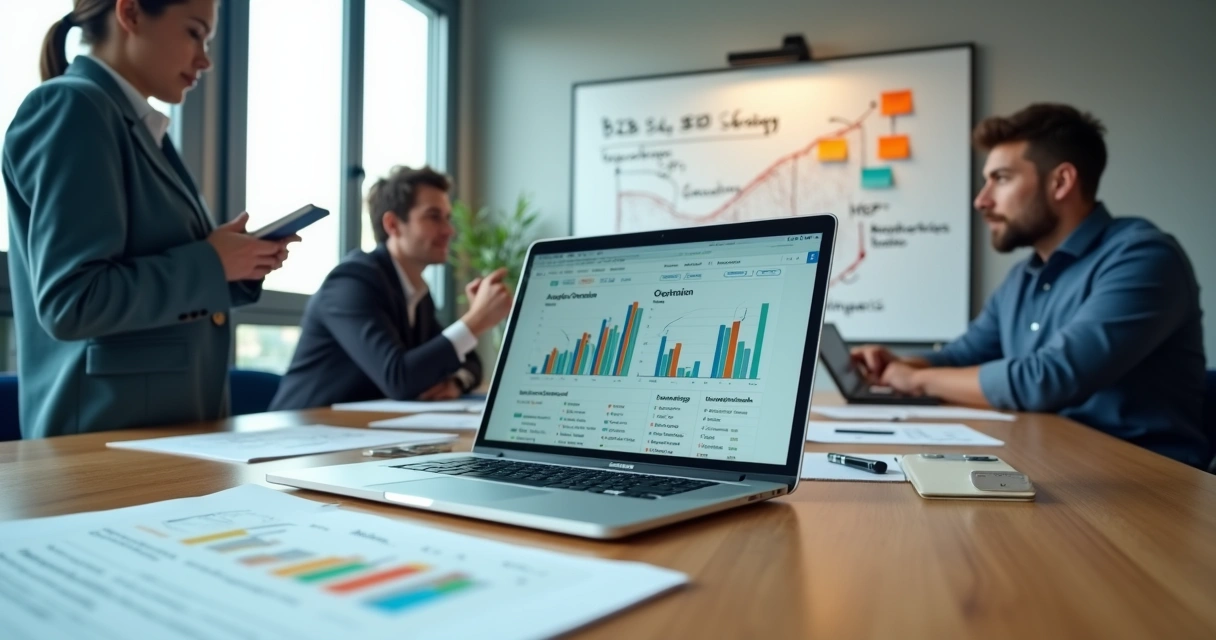 Equipe B2B analisando painel de SEO com gráficos em laptop sobre fundo minimalista