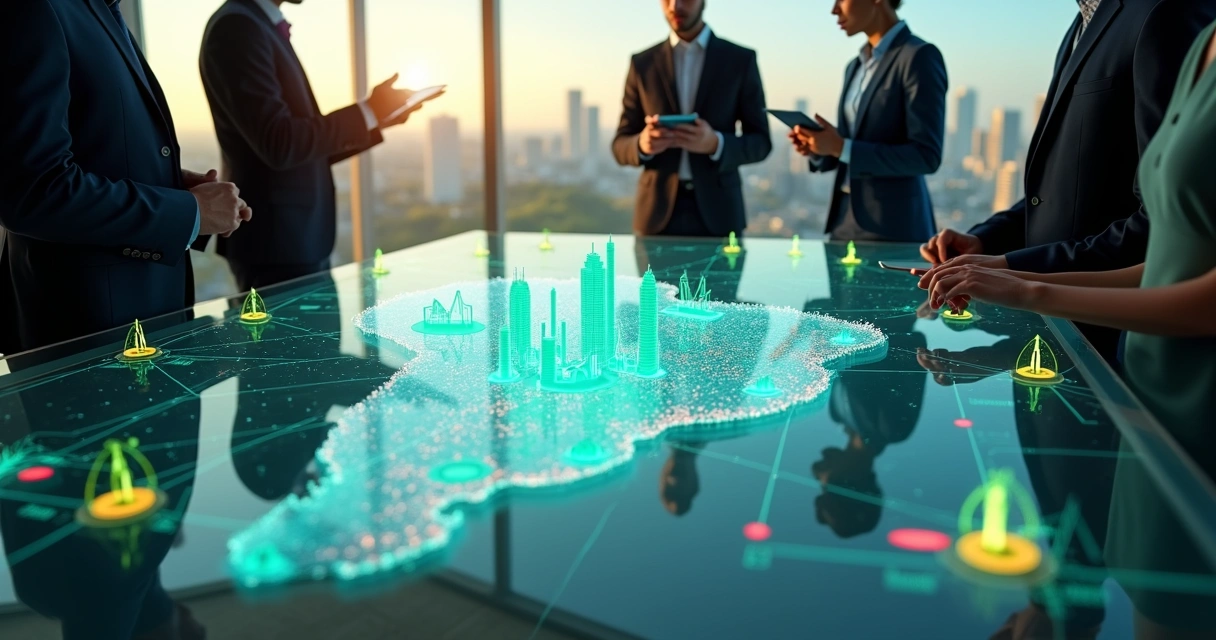 Mapa do Brasil conectado a ícones de empresas e pessoas em rede de geração de leads B2B