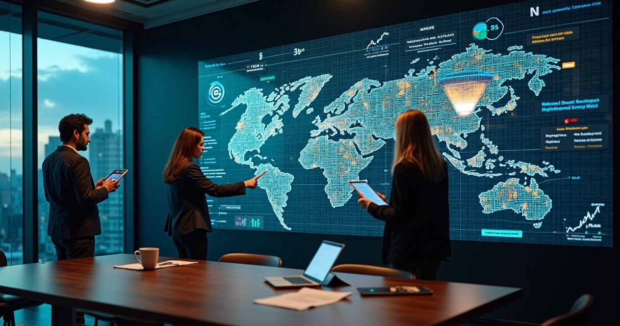 Equipe de marketing B2B analisando mapa estratégico de geração de leads em grande parede digital