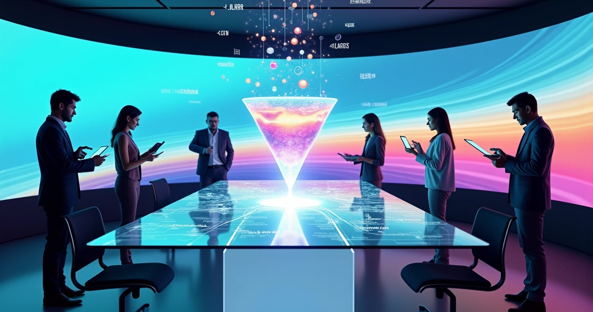 Mapa visual de jornada full-funnel com métricas SaaS em painel digital