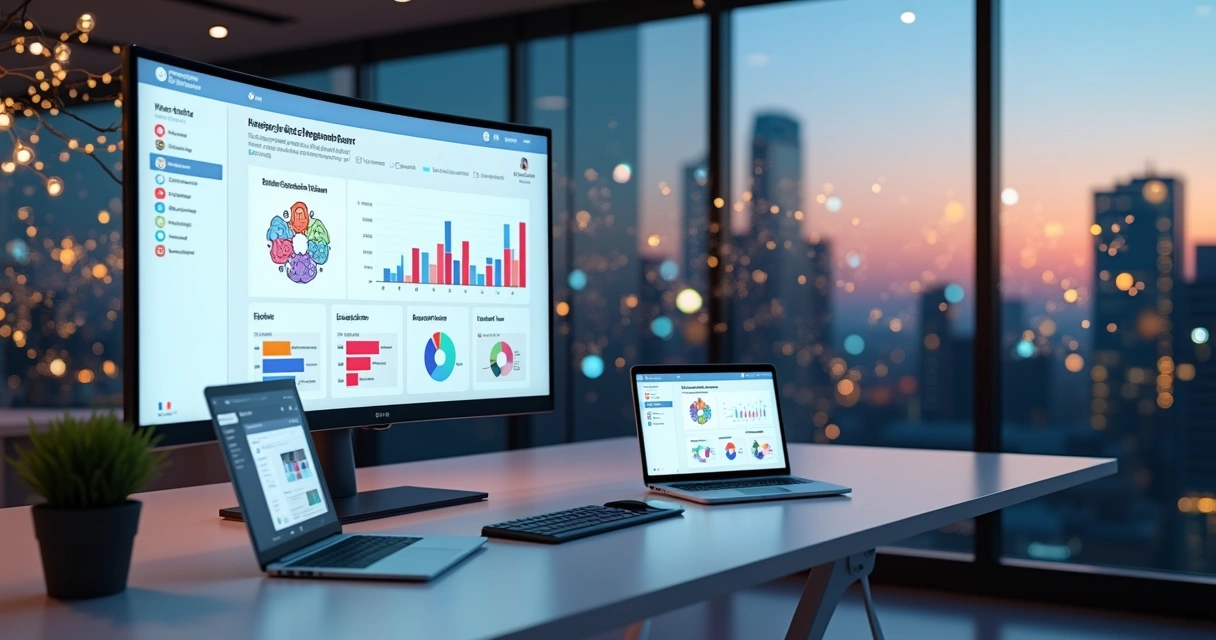 Plataforma de curso online exibida em tela grande com funil de leads e alunos conectados