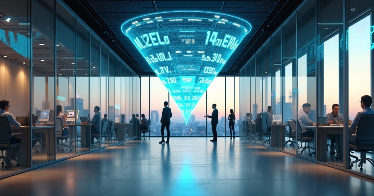 Corredor de salas de reunião modernas ligadas por funil digital no teto