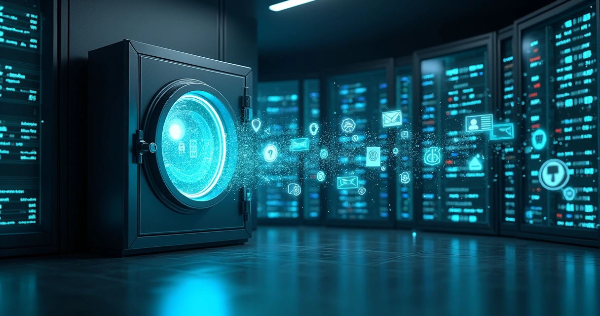 Cofre digital aberto revelando dados de clientes protegidos em ambiente tecnológico