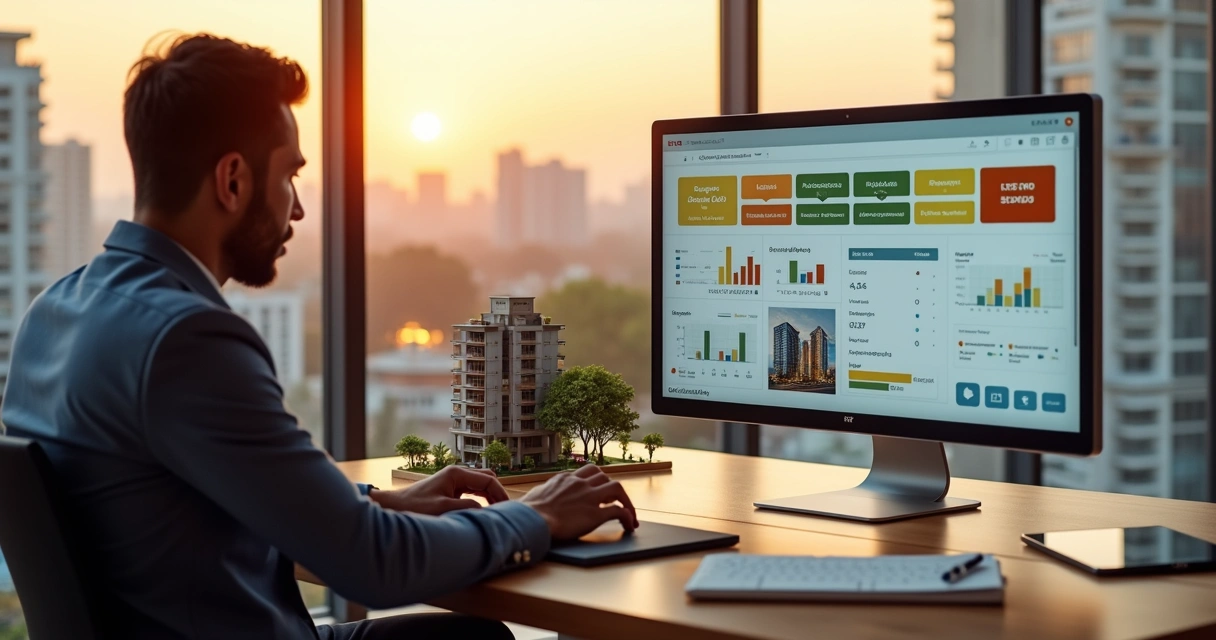 Corretor de imóveis analisando leads digitais em tela ao lado de maquete de apartamento