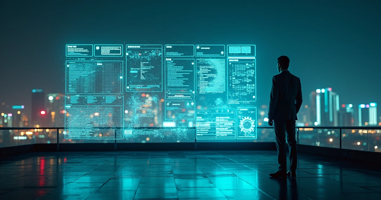 Executivo observando holograma de dados B2B sendo limpos e enriquecidos