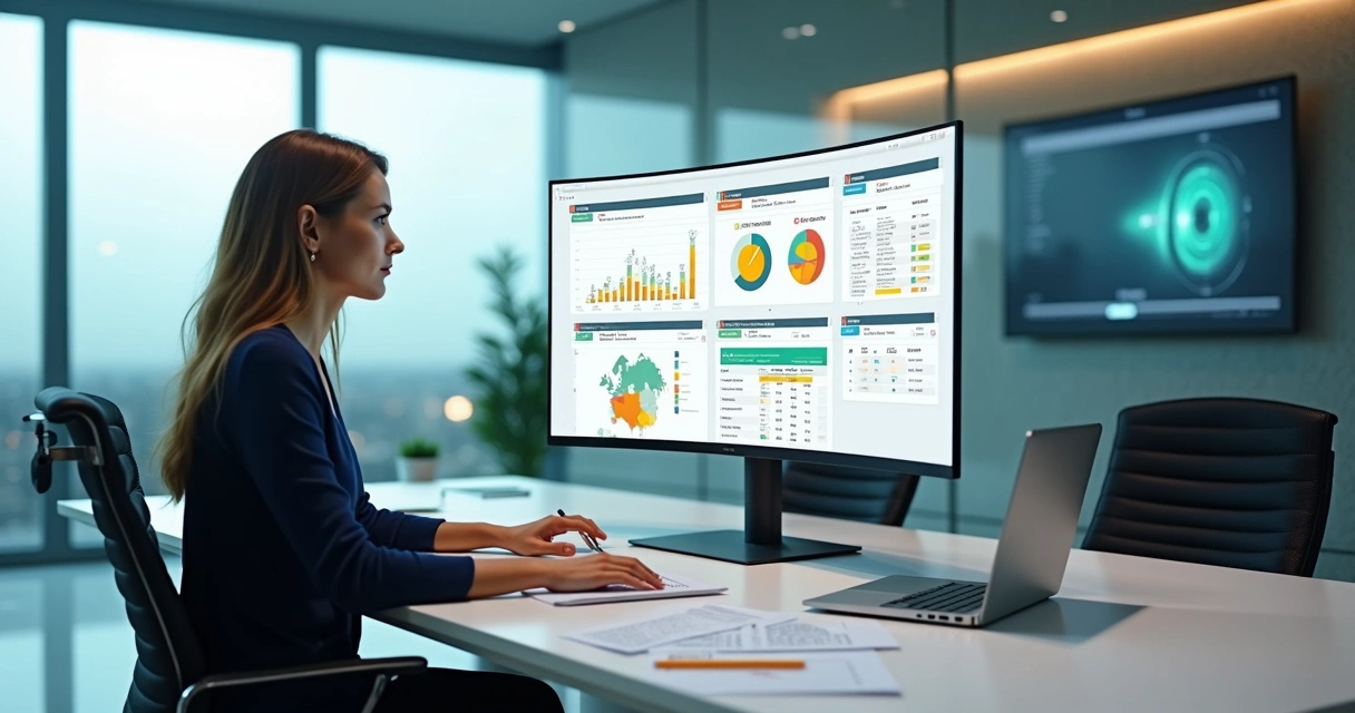 Gestora de marketing analisando diferentes plataformas B2B em tela grande