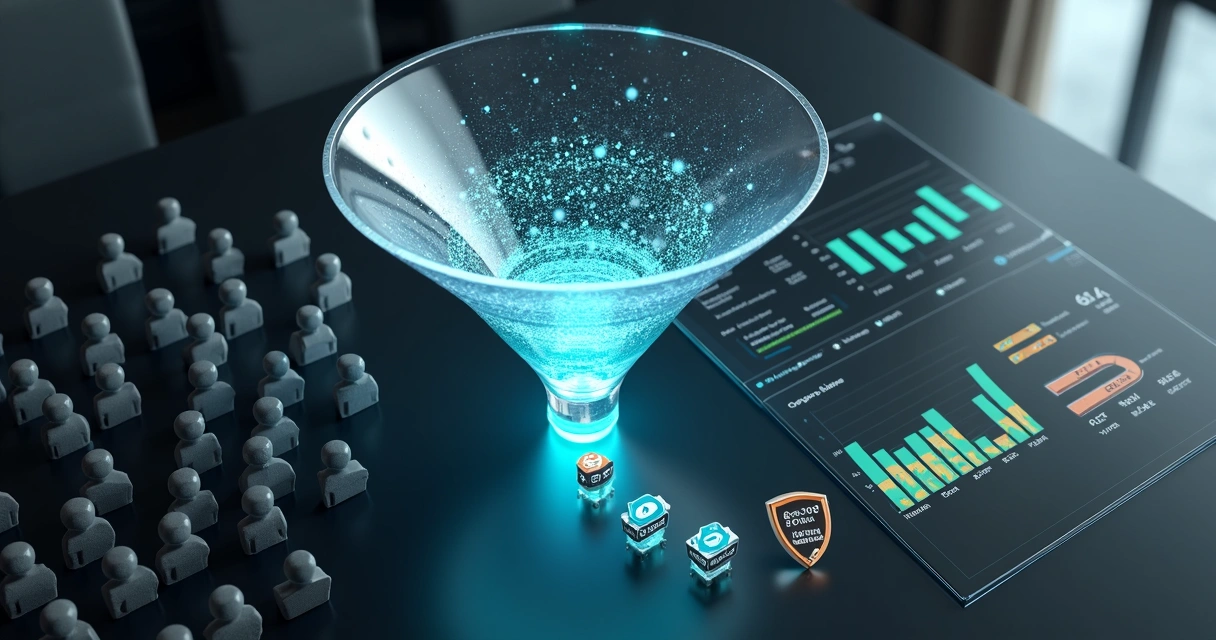 Fluxo de leads qualificados transformado de ícones cinzas em contatos destacados em painel de dados B2B