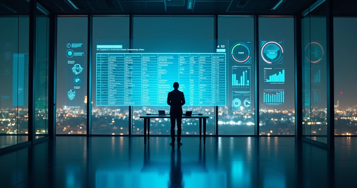 Profissional analisando painel holográfico com lista de empresas organizadas por CNPJ