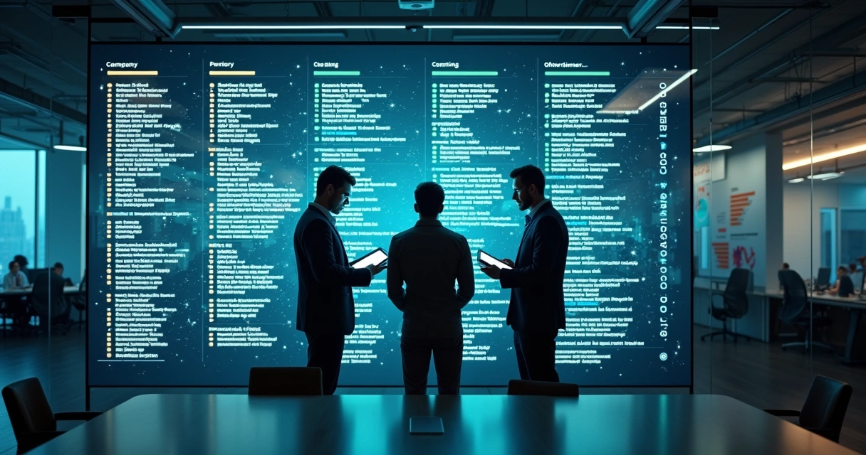 Profissionais revisando lista de clientes B2B em grande tela de dados
