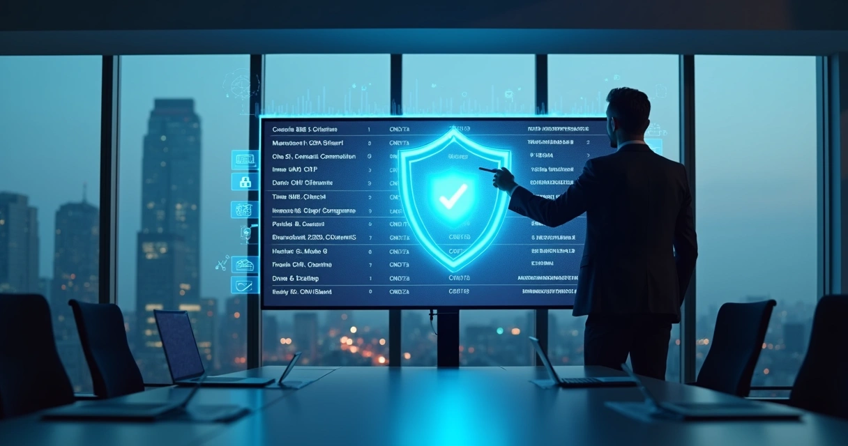 Profissional analisando dados de leads protegidos por escudo digital em tela grande