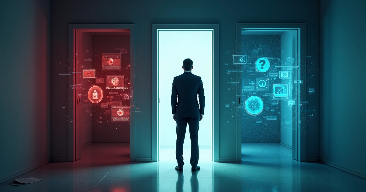 Profissional em frente a duas portas simbolizando riscos e escolhas ao lidar com bases de dados